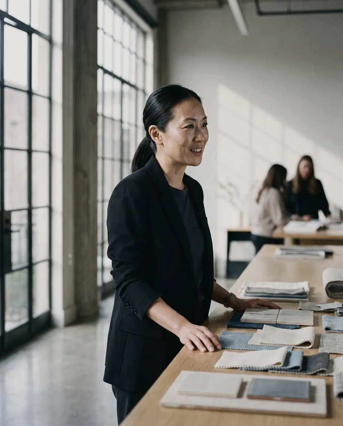A company founder in a black blazer stands at a worktable of fabric and tile samples in her design studio.