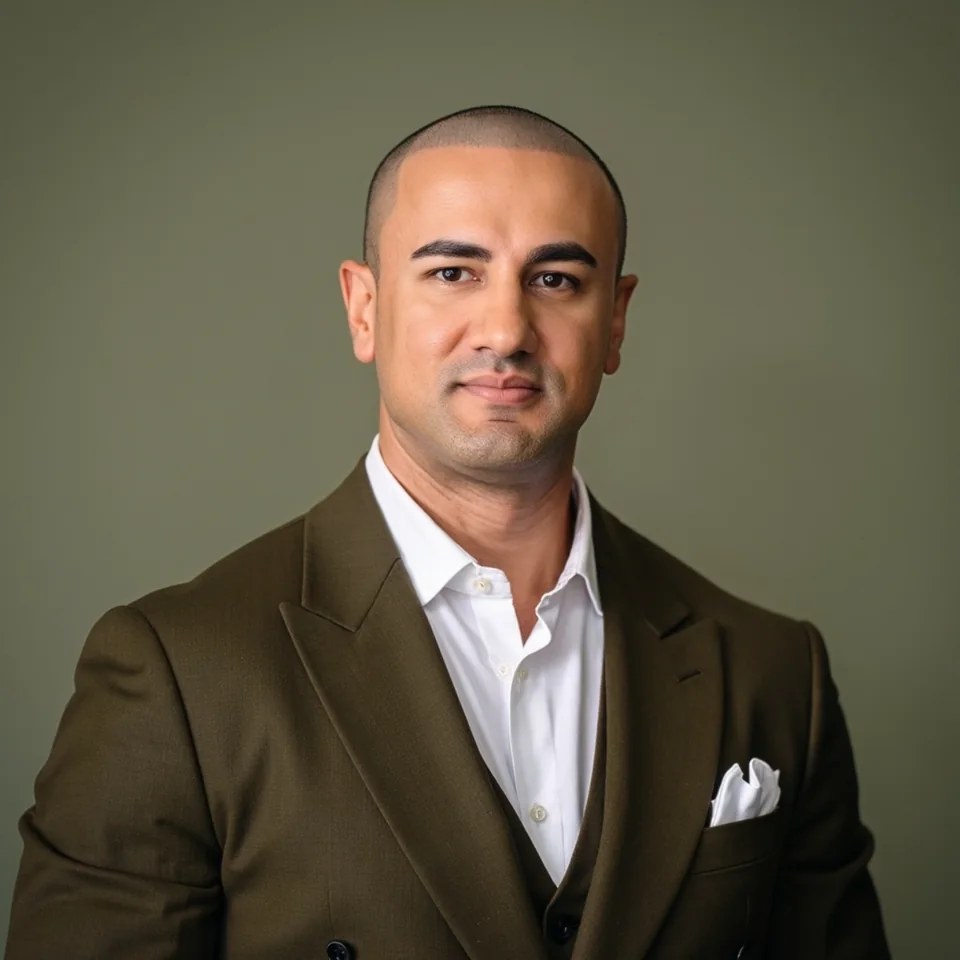 Deen Cadi, CPA, in an olive suit and open-collar white shirt.